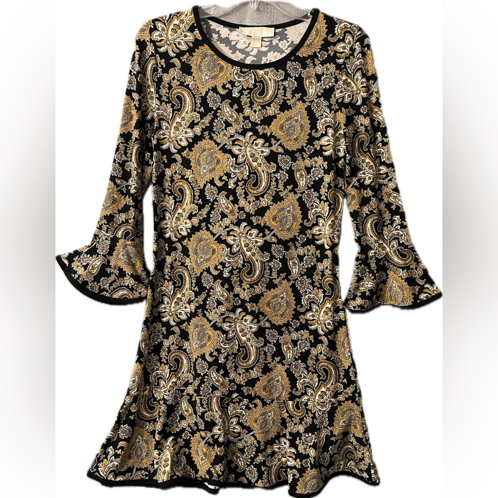 Michael Kors Black and Orange/Gold A-line Dress with Bell Sleeves